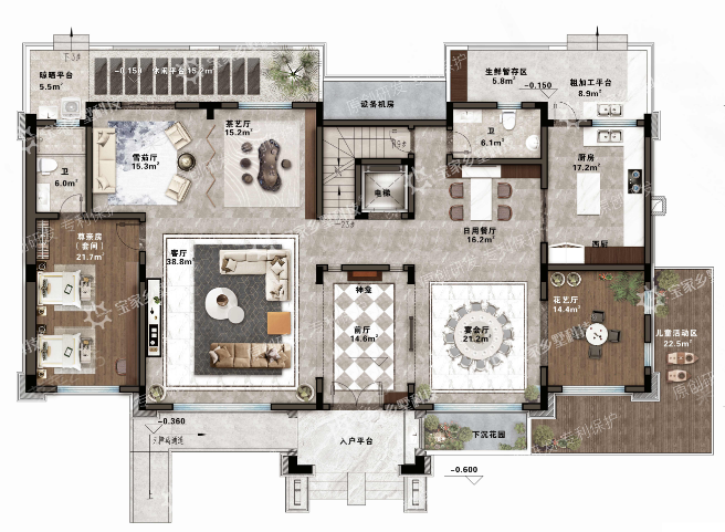 宝家2020年新款中式三层独栋复式别墅一层平面图
